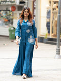 Peacock Blue Art Tussar Beaded Work Co-Ord Set