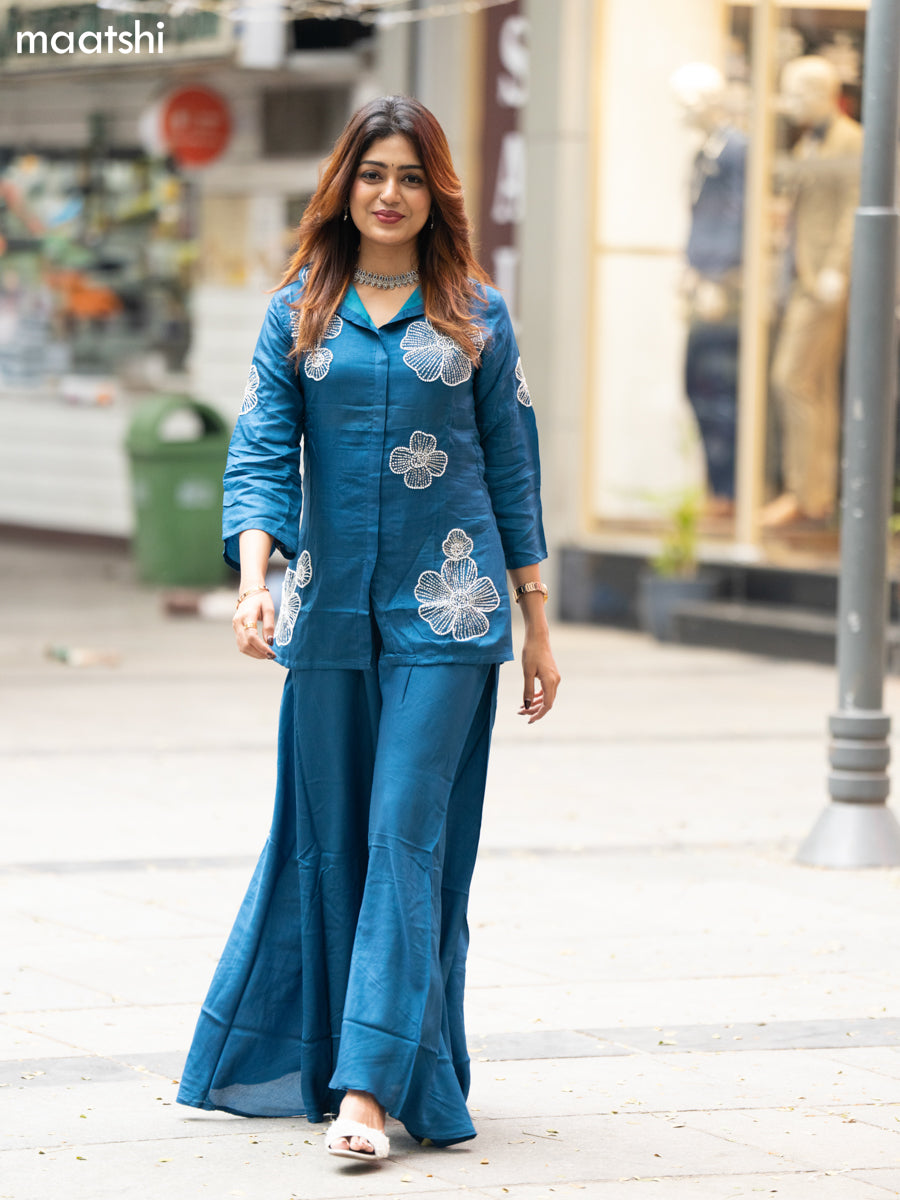 Peacock Blue Art Tussar Beaded Work Co-Ord Set