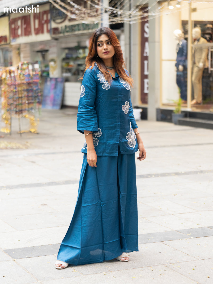 Peacock Blue Art Tussar Beaded Work Co-Ord Set
