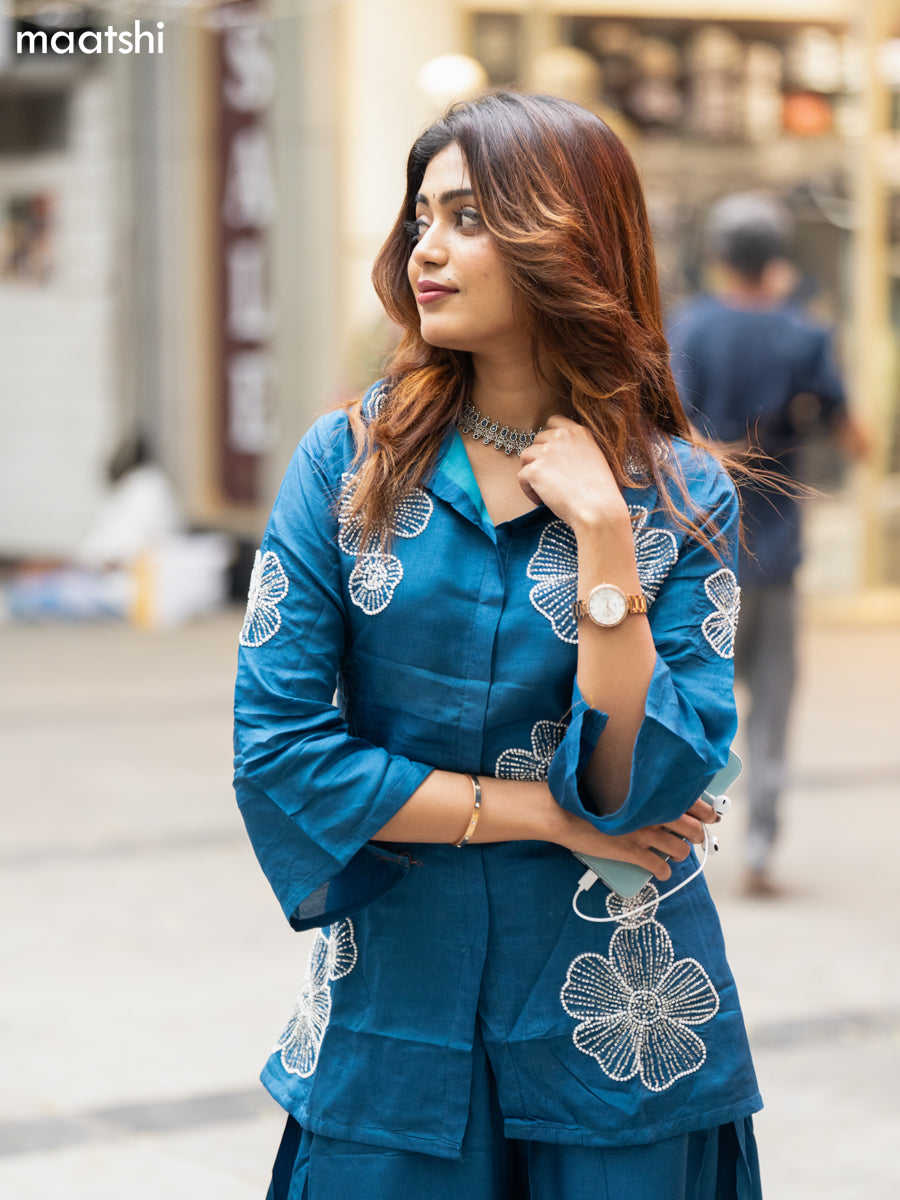 Peacock Blue Art Tussar Beaded Work Co-Ord Set