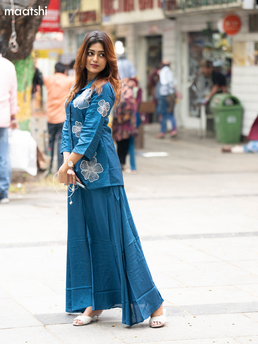 Peacock Blue Art Tussar Beaded Work Co-Ord Set