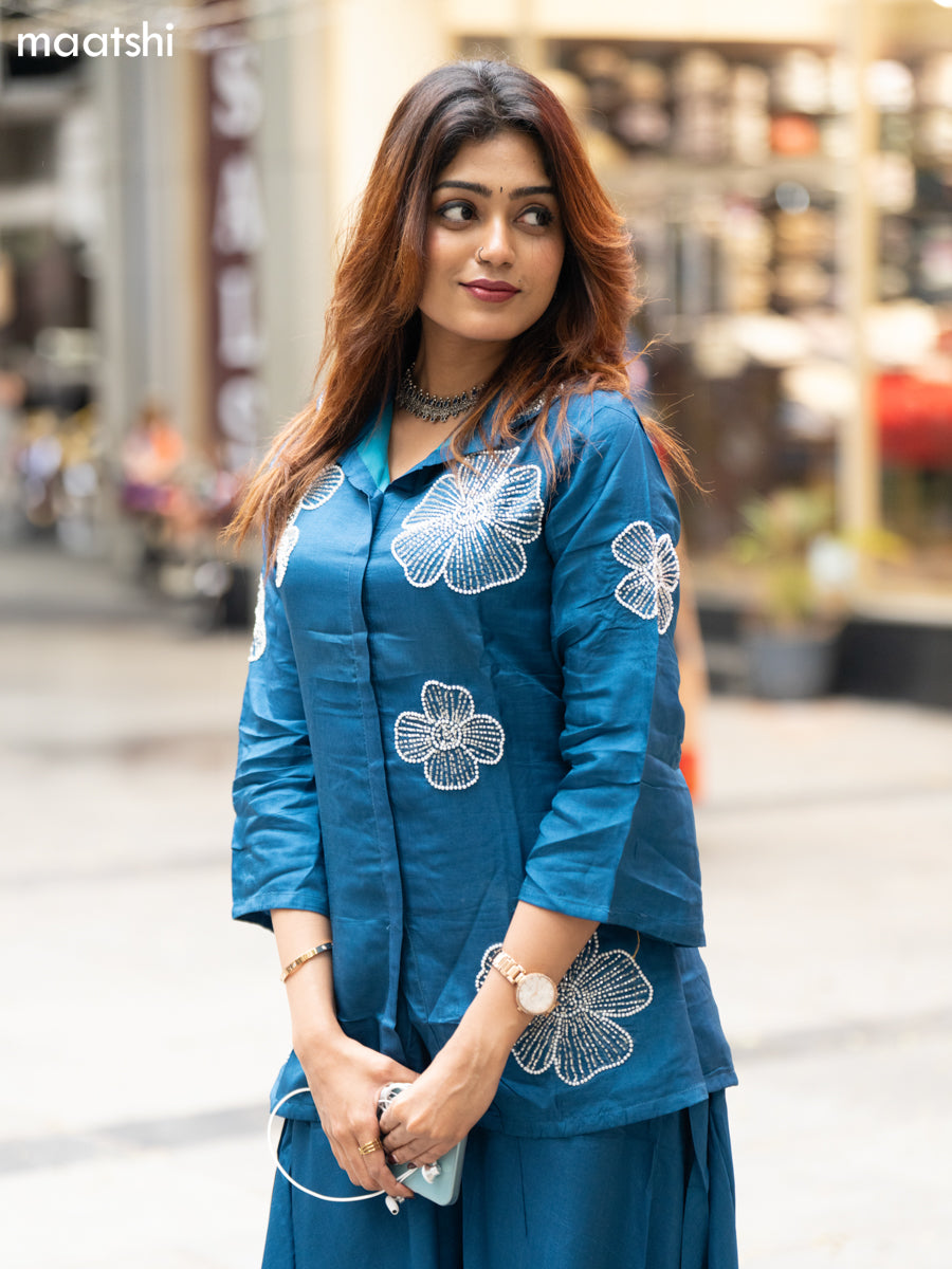 Peacock Blue Art Tussar Beaded Work Co-Ord Set