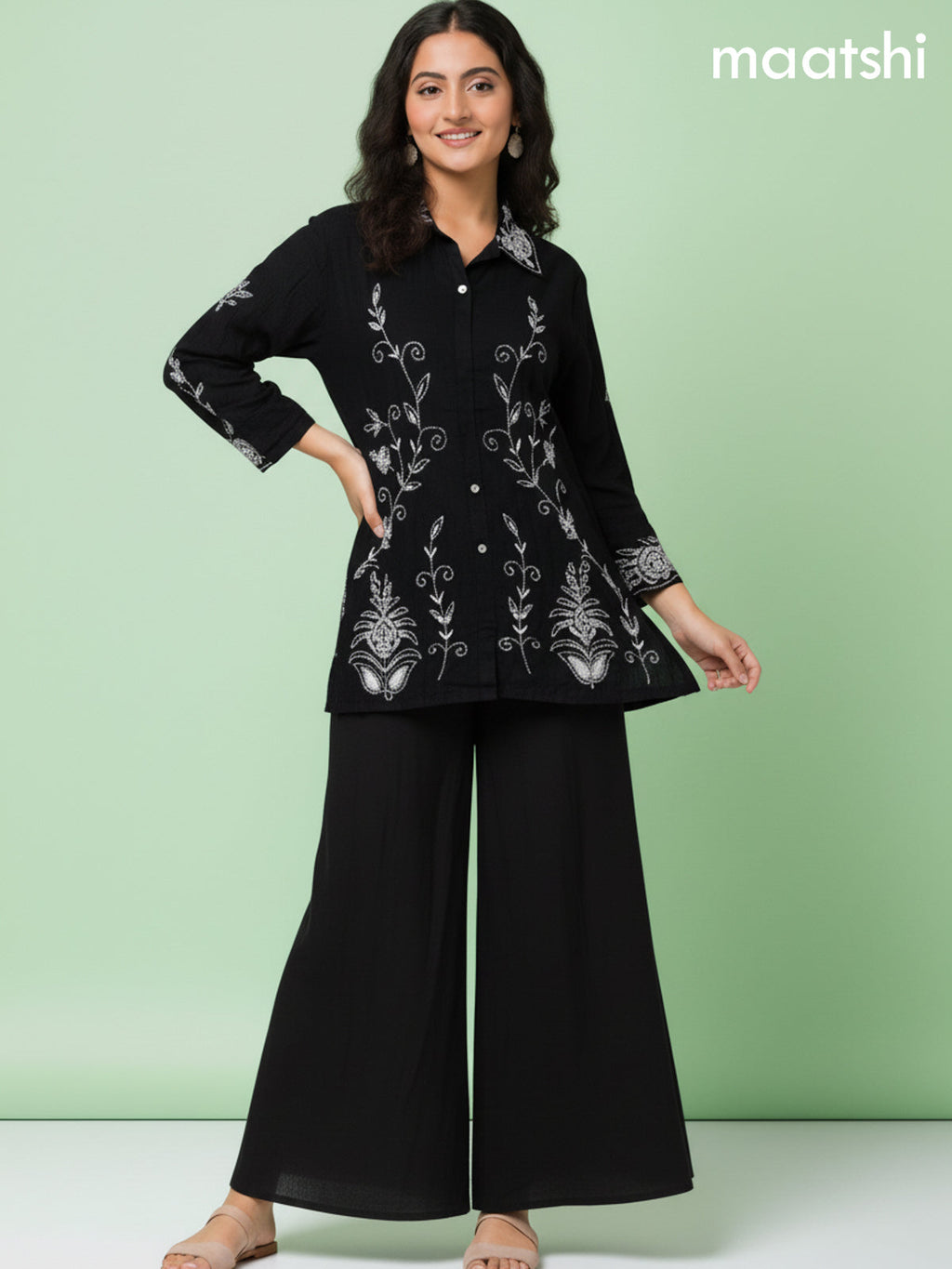 Black Russian Silk Beaded Work Co-Ord Set