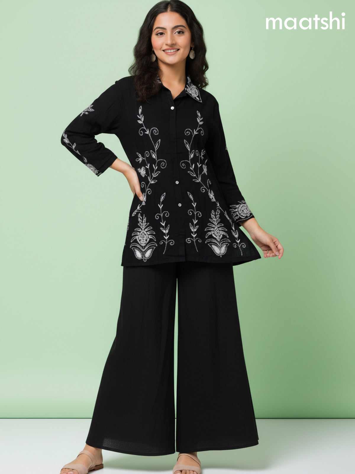 Black Russian Silk Beaded Work Co-Ord Set