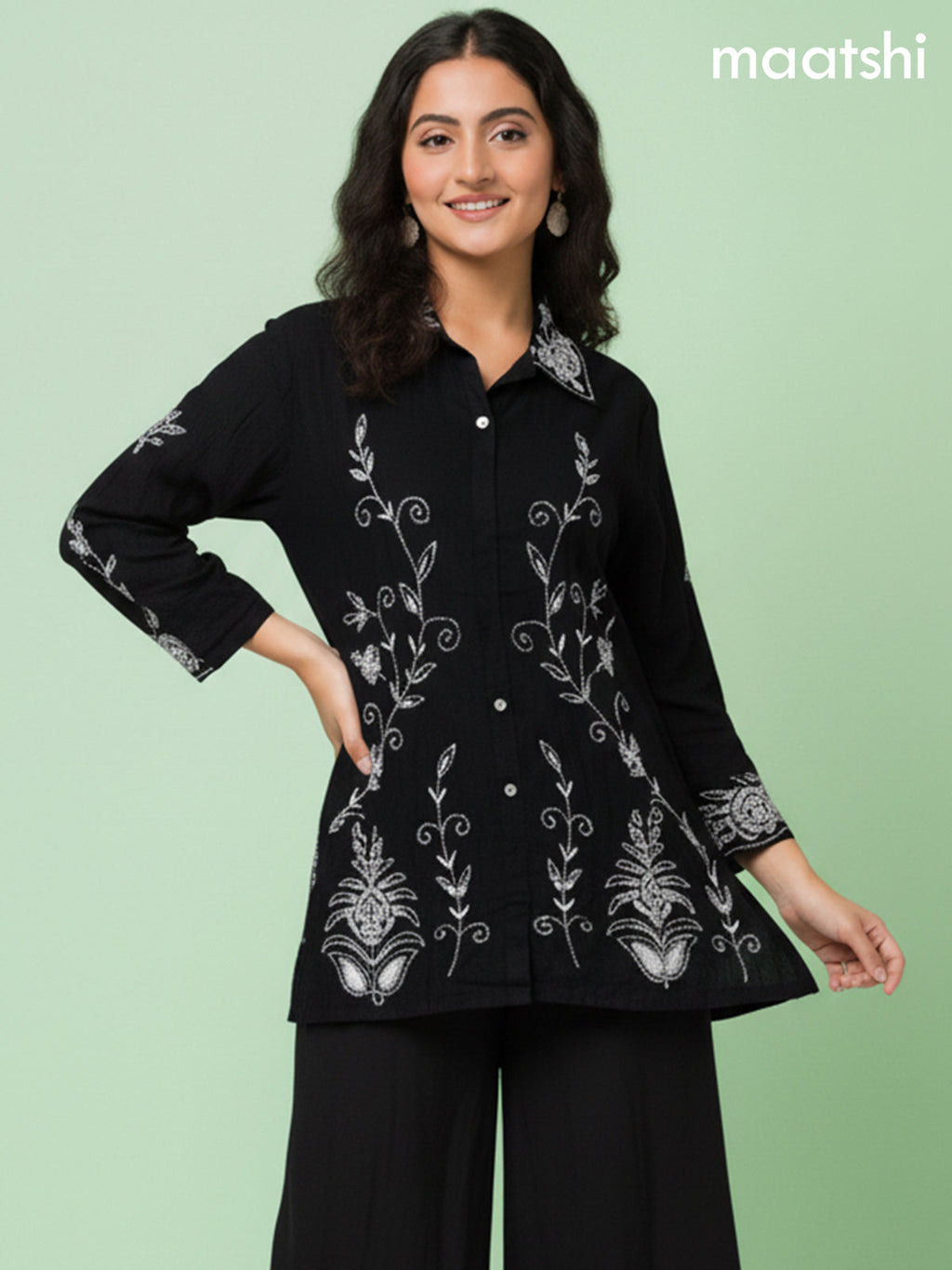 Black Russian Silk Beaded Work Co-Ord Set