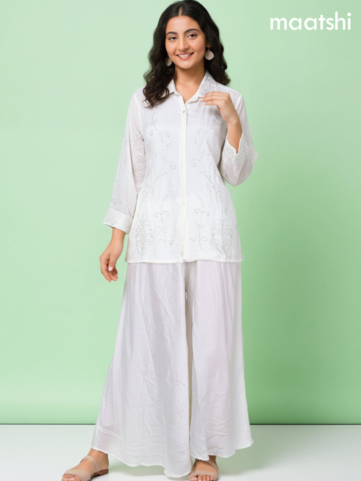 Off White Russian Silk Beaded Work Co-Ord Set