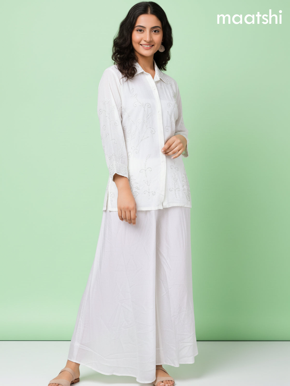 Off White Russian Silk Beaded Work Co-Ord Set