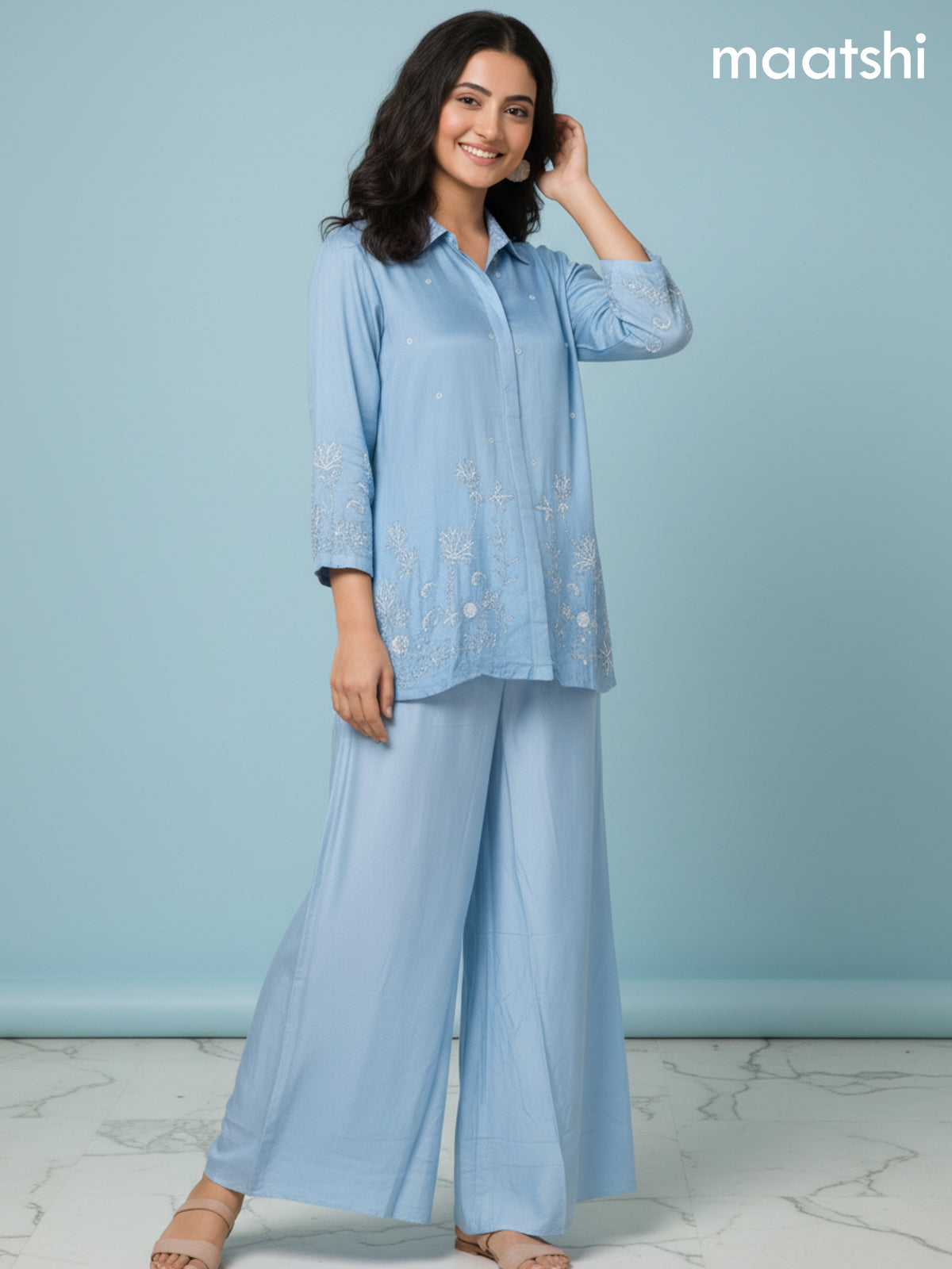Pastel Blue Russian Silk Beaded Work Co-Ord Set