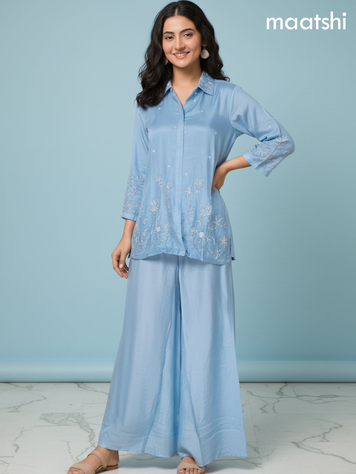 Pastel Blue Russian Silk Beaded Work Co-Ord Set