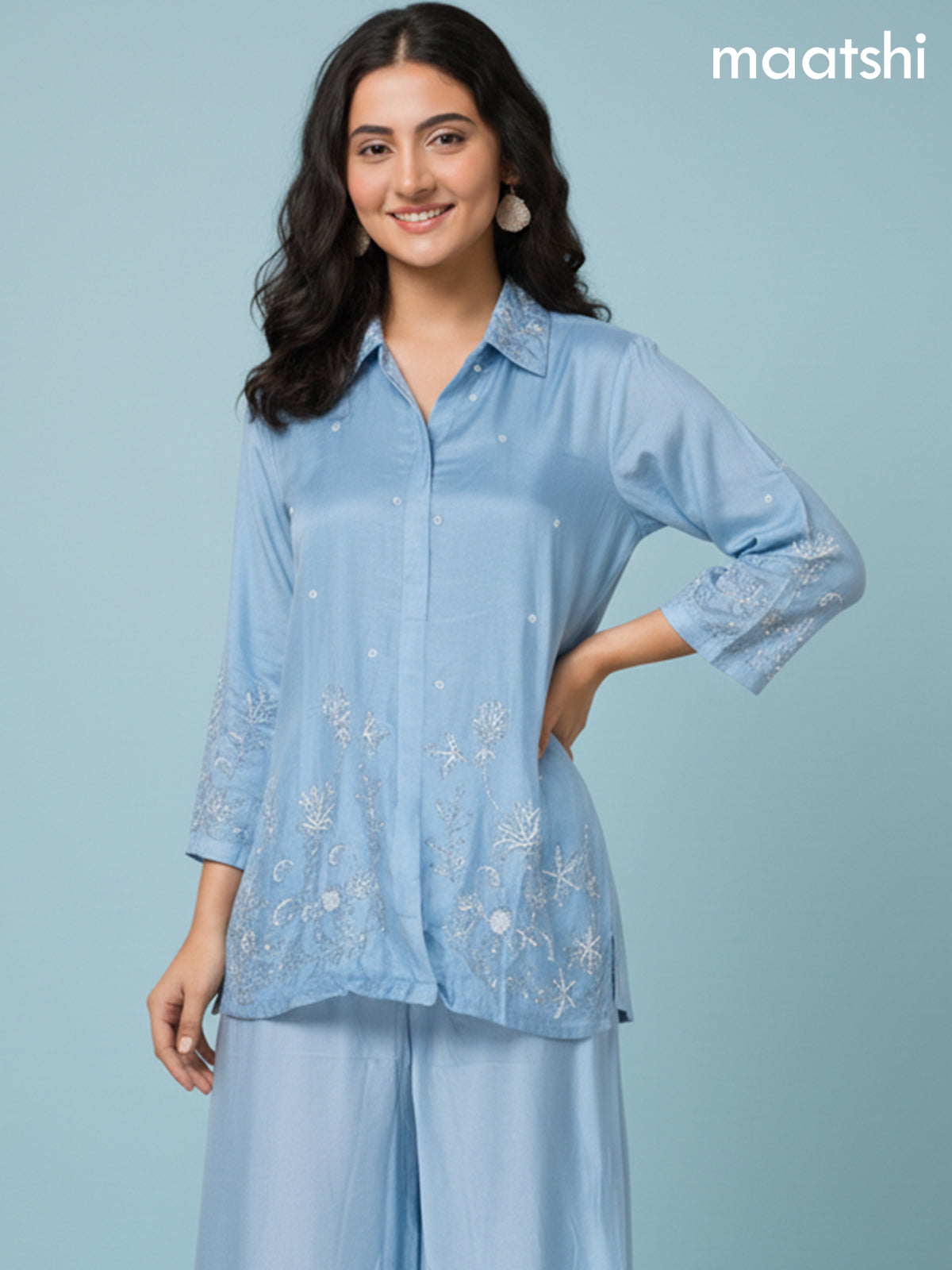 Pastel Blue Russian Silk Beaded Work Co-Ord Set