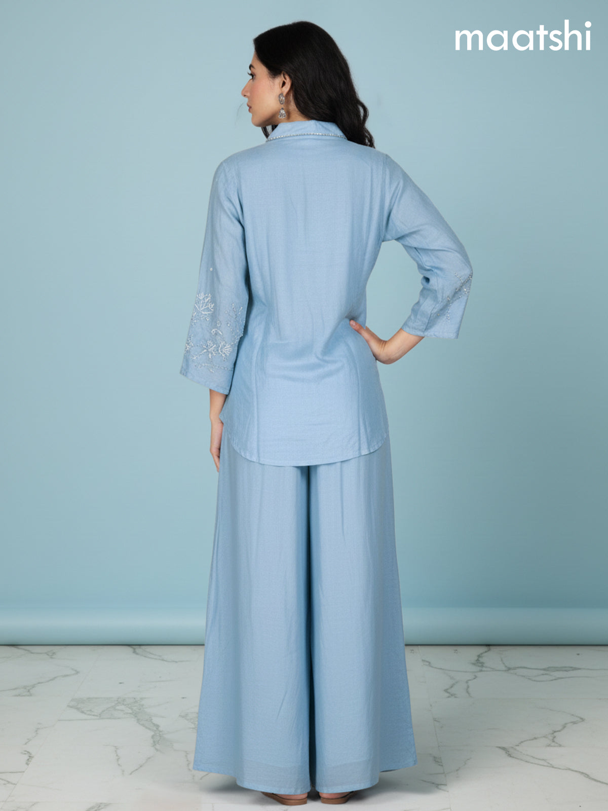 Pastel Blue Russian Silk Beaded Work Co-Ord Set