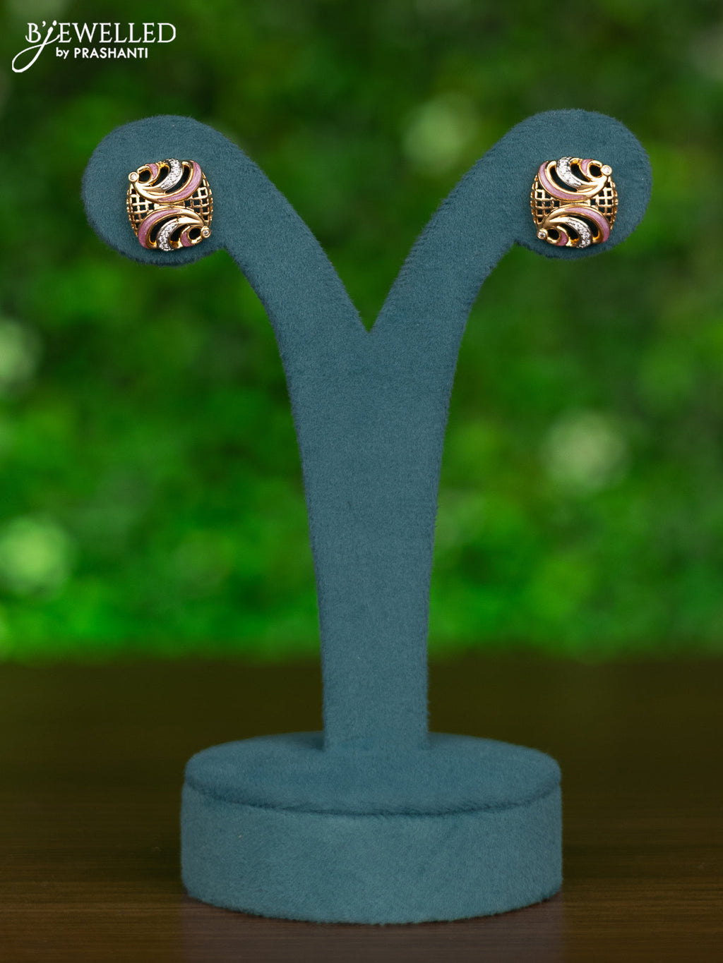 Gold chain with light pink enamel and cz stones pendant