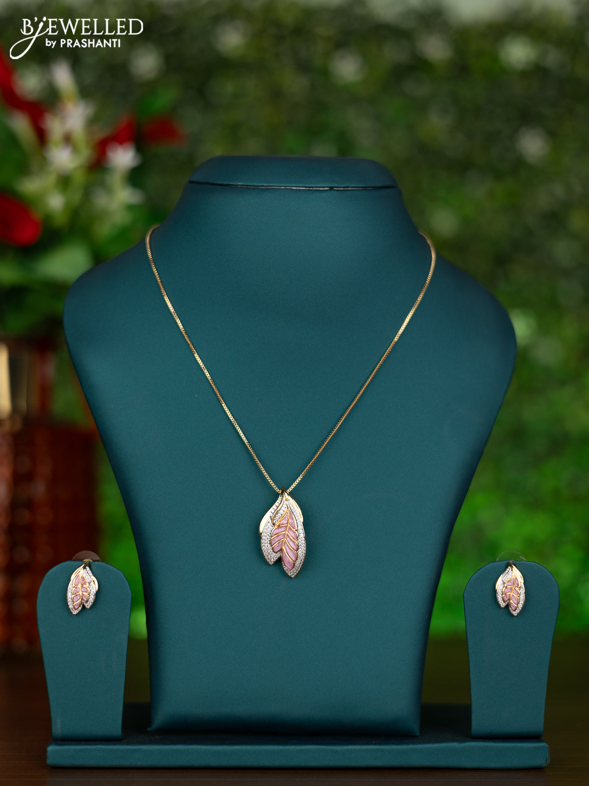 Gold chain leaf design with light pink enamel and cz stones pendant