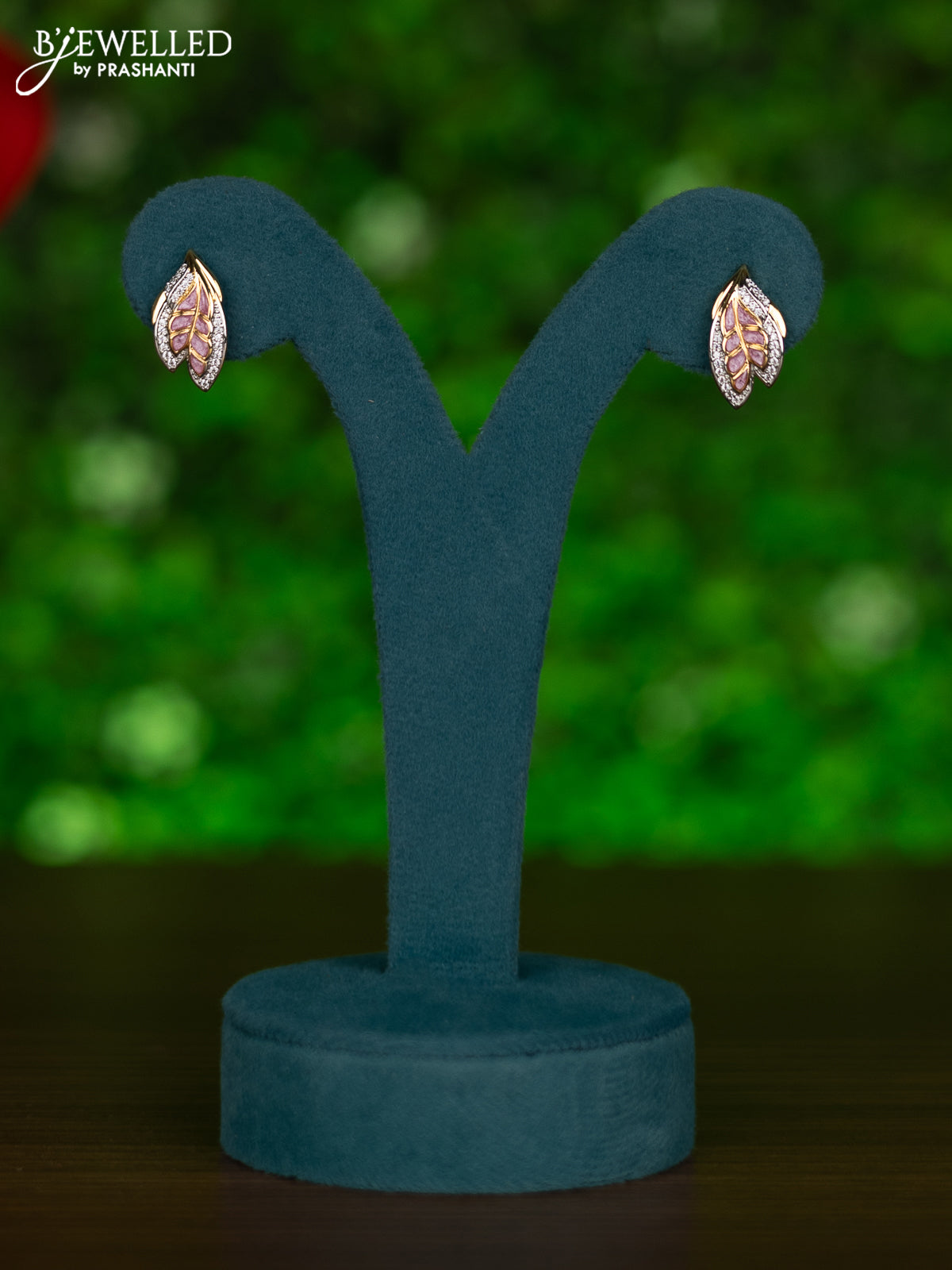 Gold chain leaf design with light pink enamel and cz stones pendant