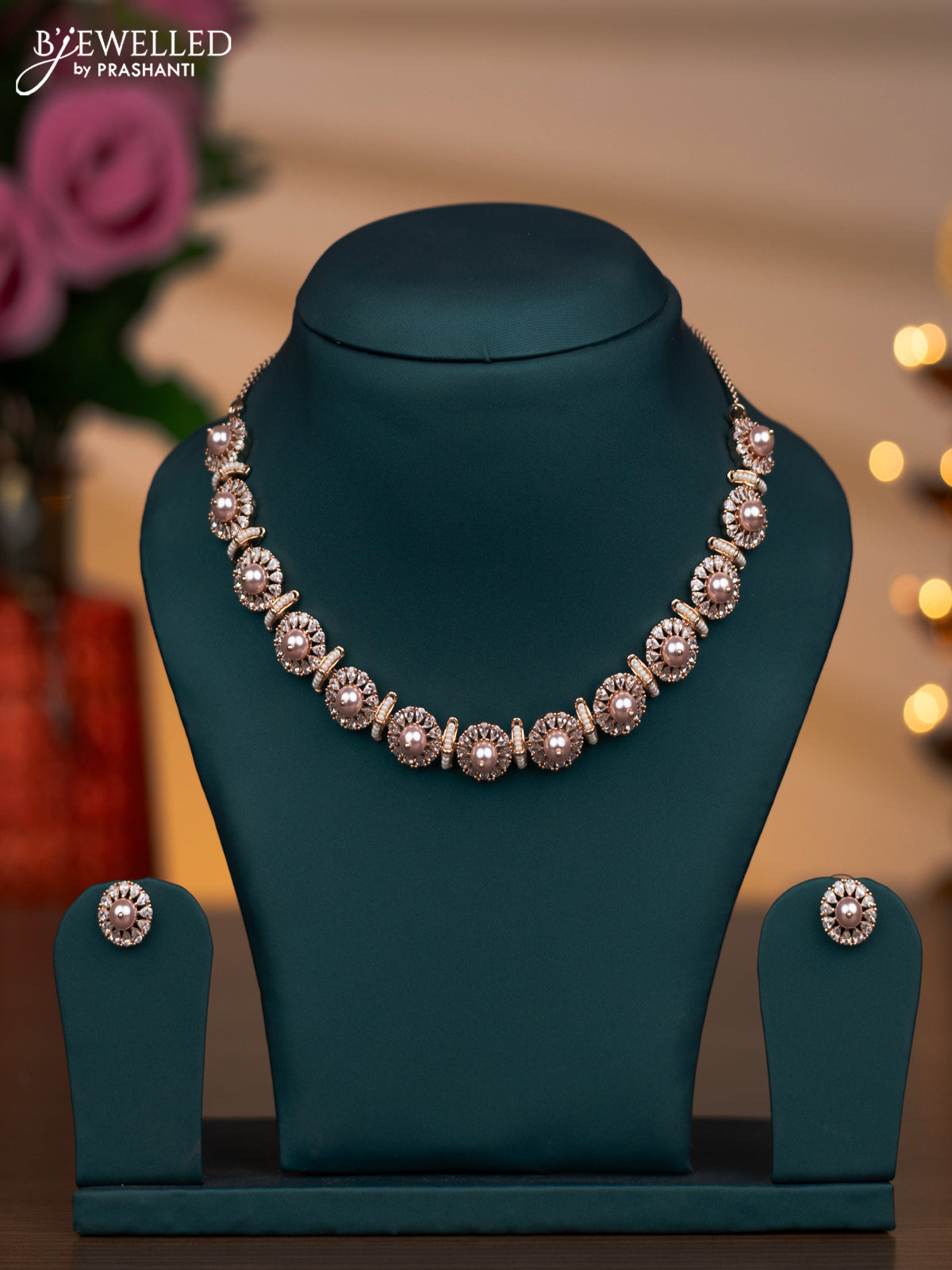 Rose gold necklace with cz stones and pearls