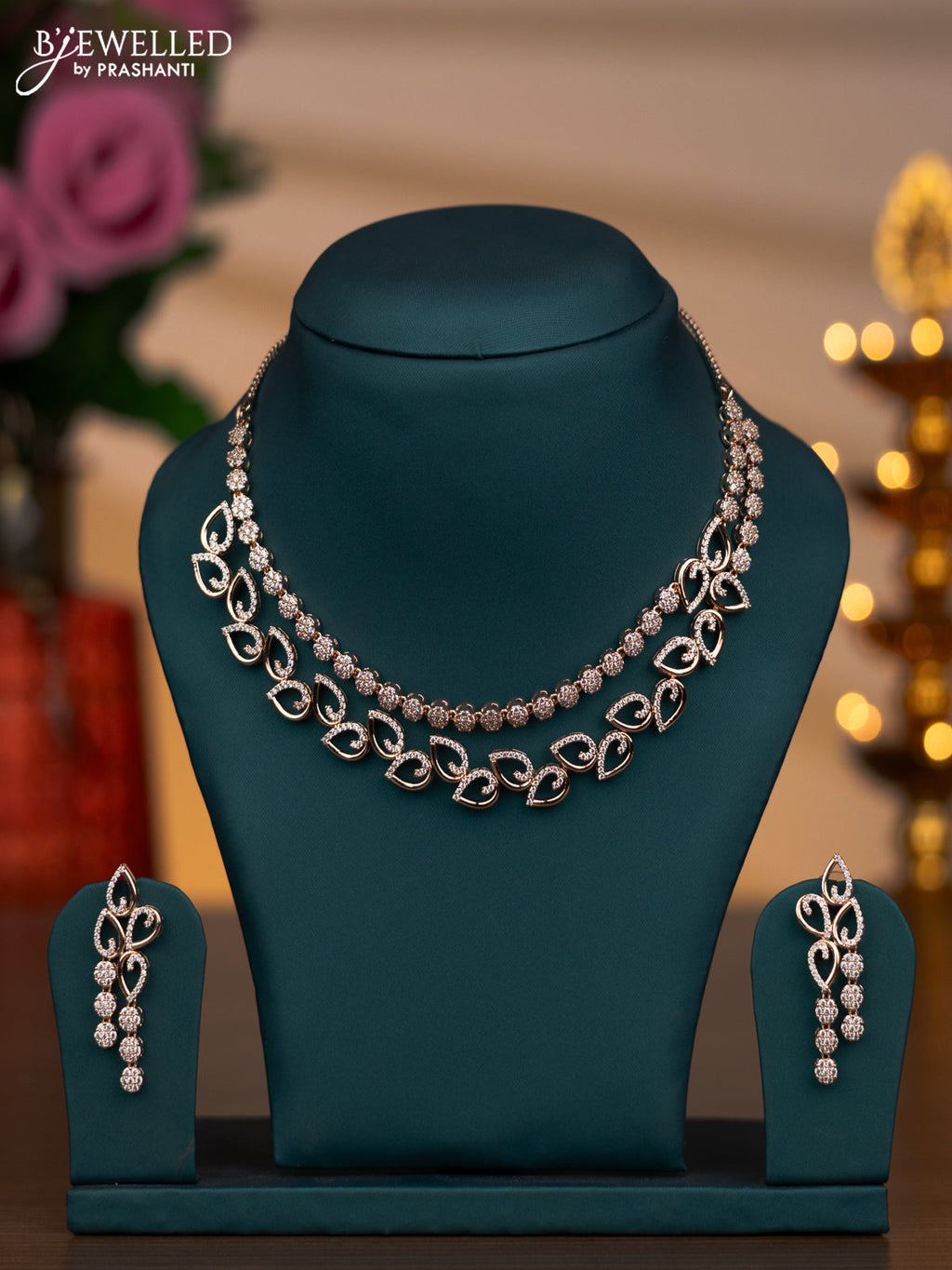 Rose gold double layer necklace with cz stones