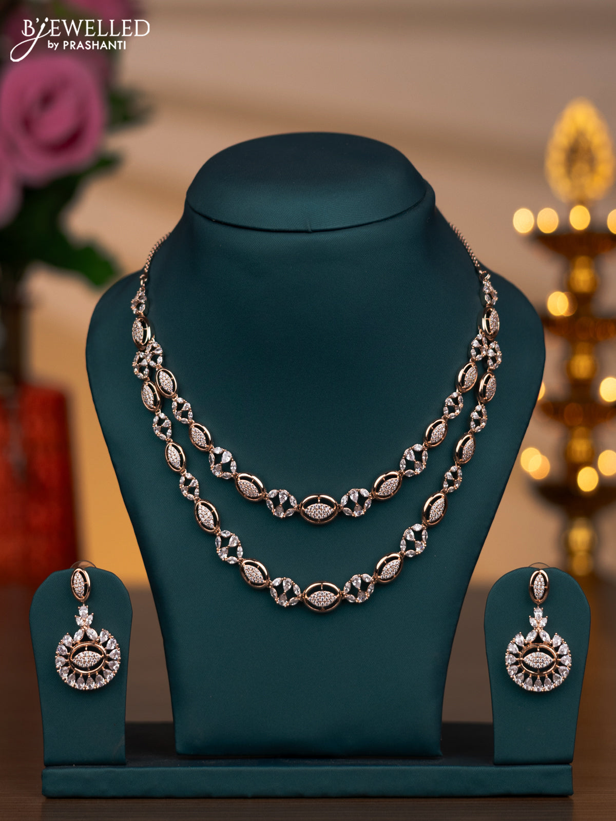 Rose gold double layer necklace with cz stones