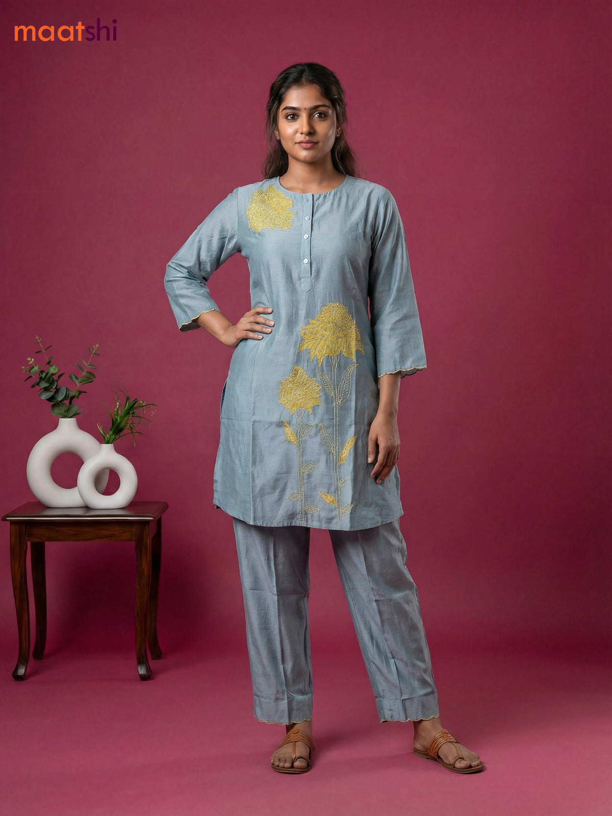 Pastel Blue Chanderi Embroidery Work Short Co-Ord Set