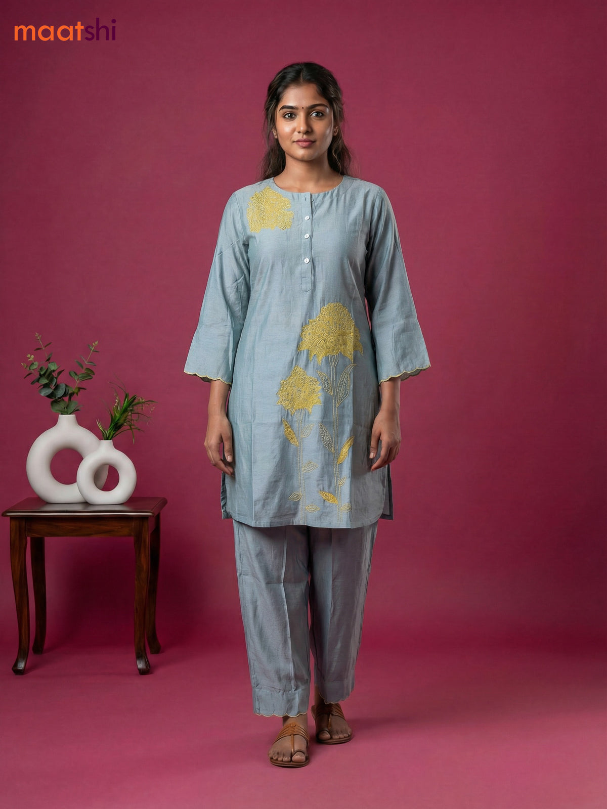 Pastel Blue Chanderi Embroidery Work Short Co-Ord Set