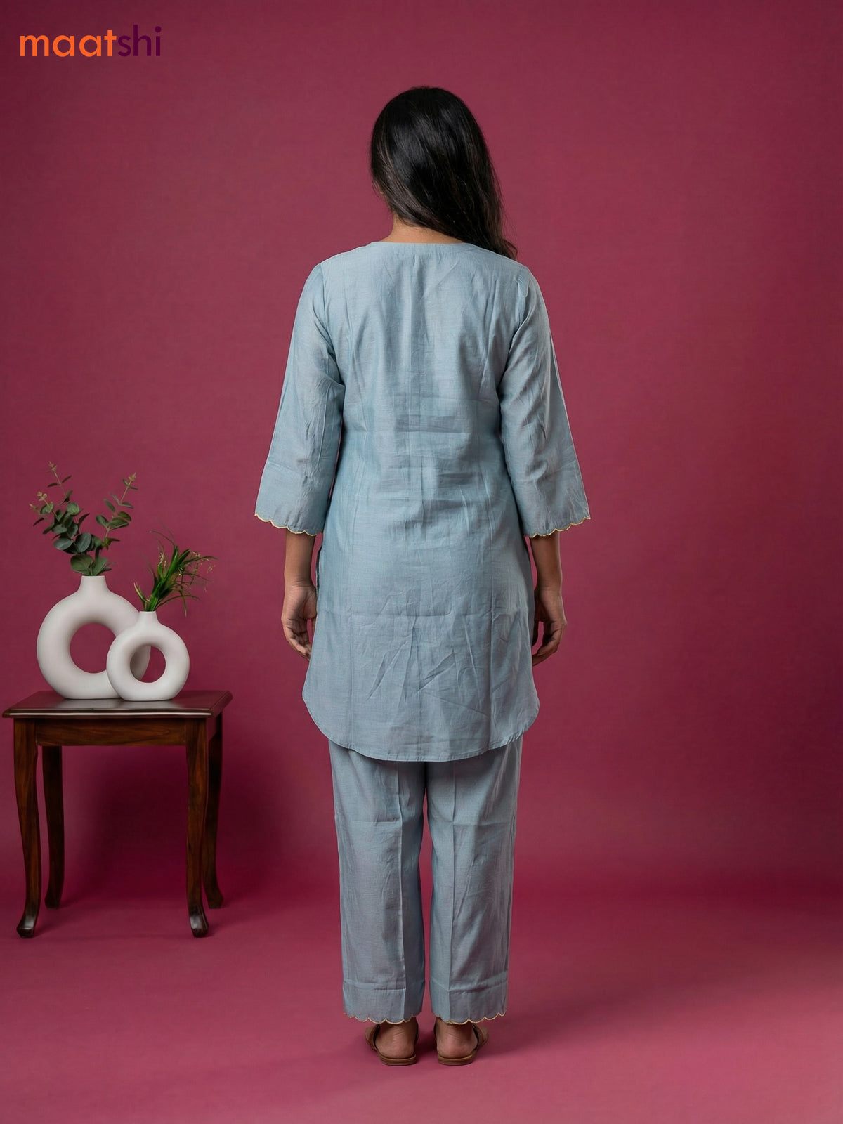 Pastel Blue Chanderi Embroidery Work Short Co-Ord Set