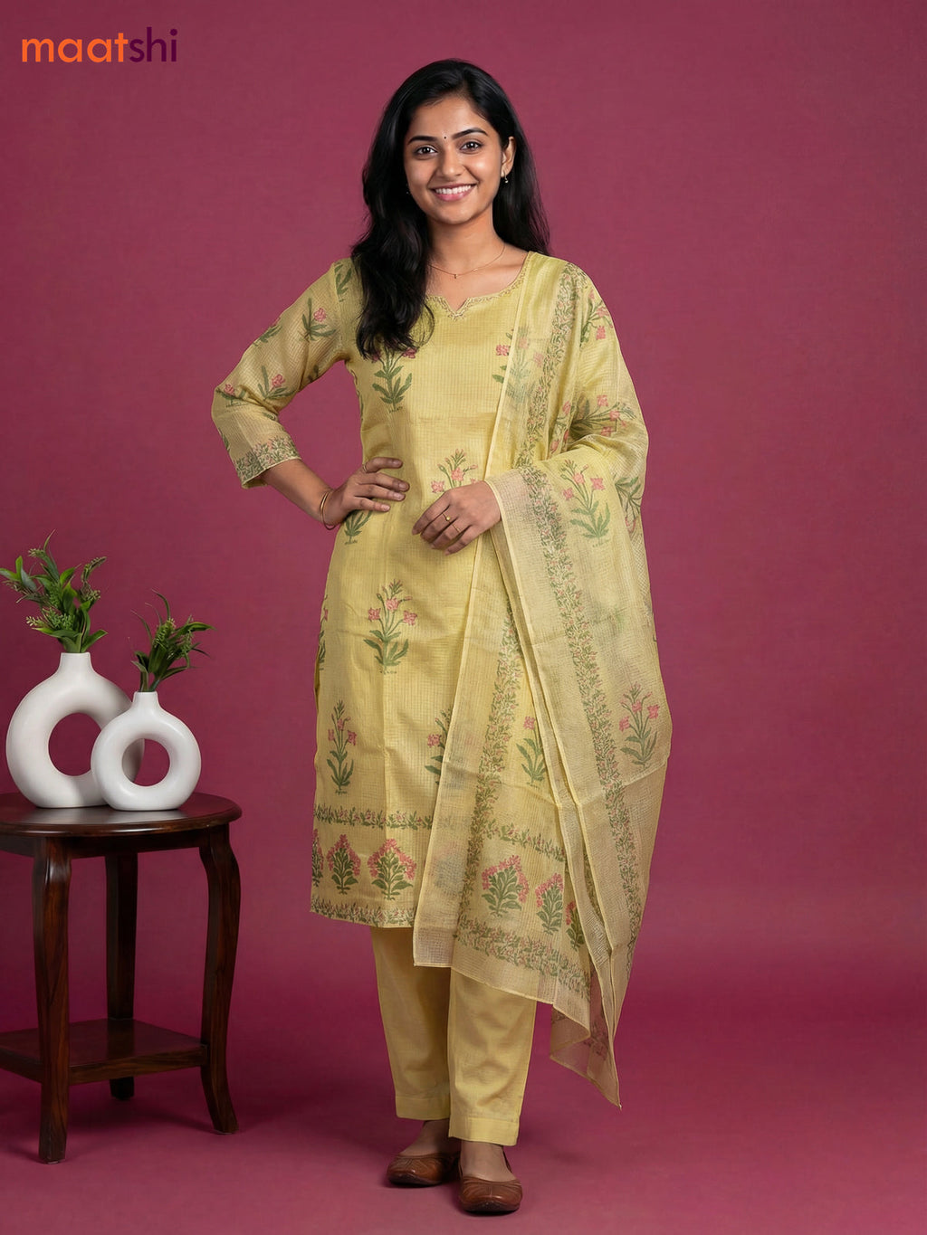 Yellow Kota Printed & Simple Embroidery Work Straight Suit