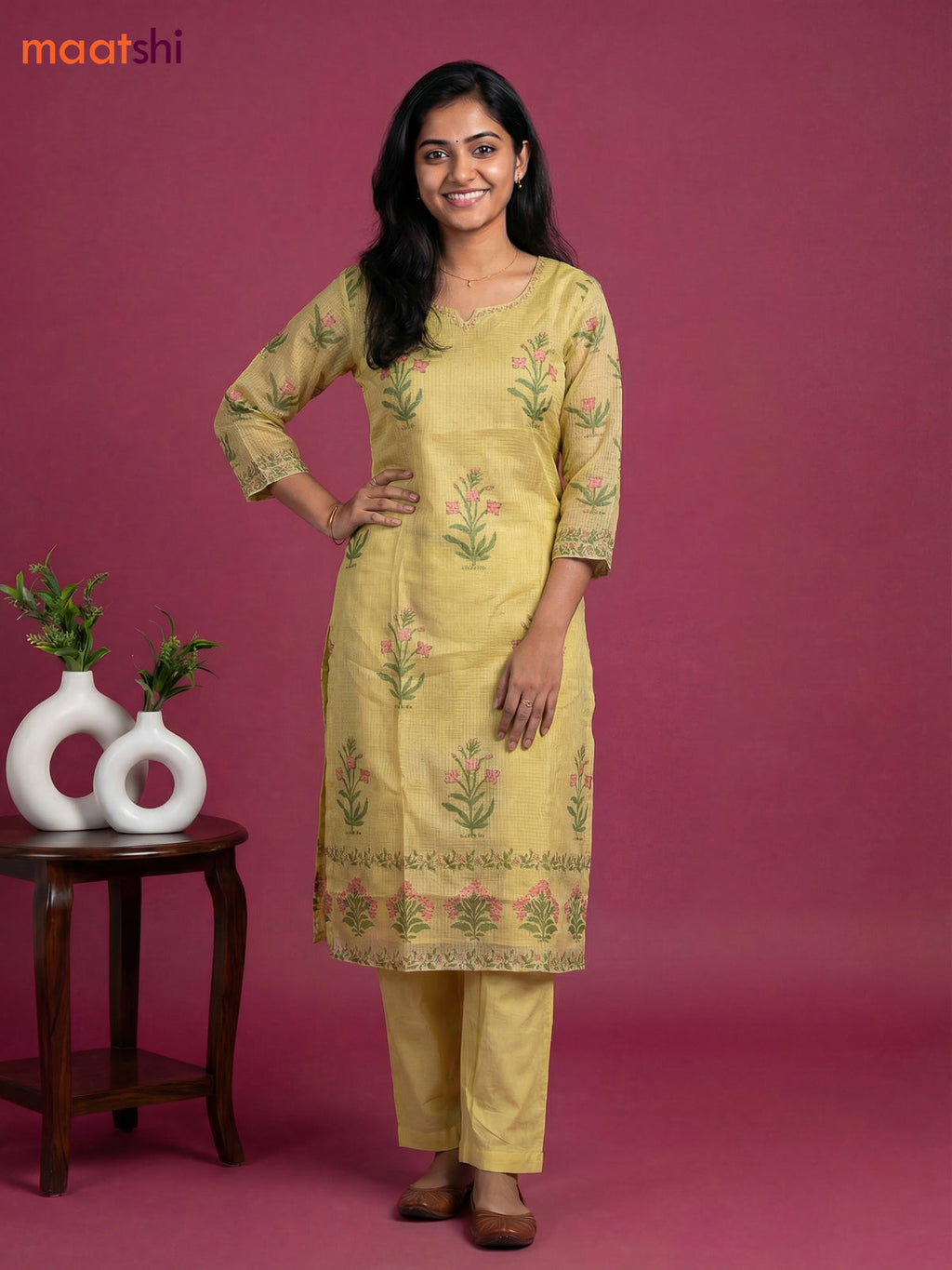 Yellow Kota Printed & Simple Embroidery Work Straight Suit