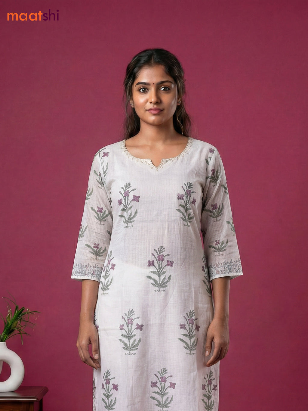 Cream Kota Printed & Simple Embroidery Work Straight Suit
