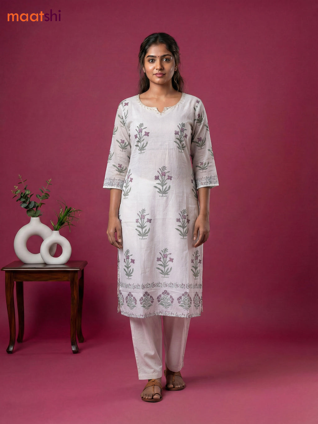 Cream Kota Printed & Simple Embroidery Work Straight Suit