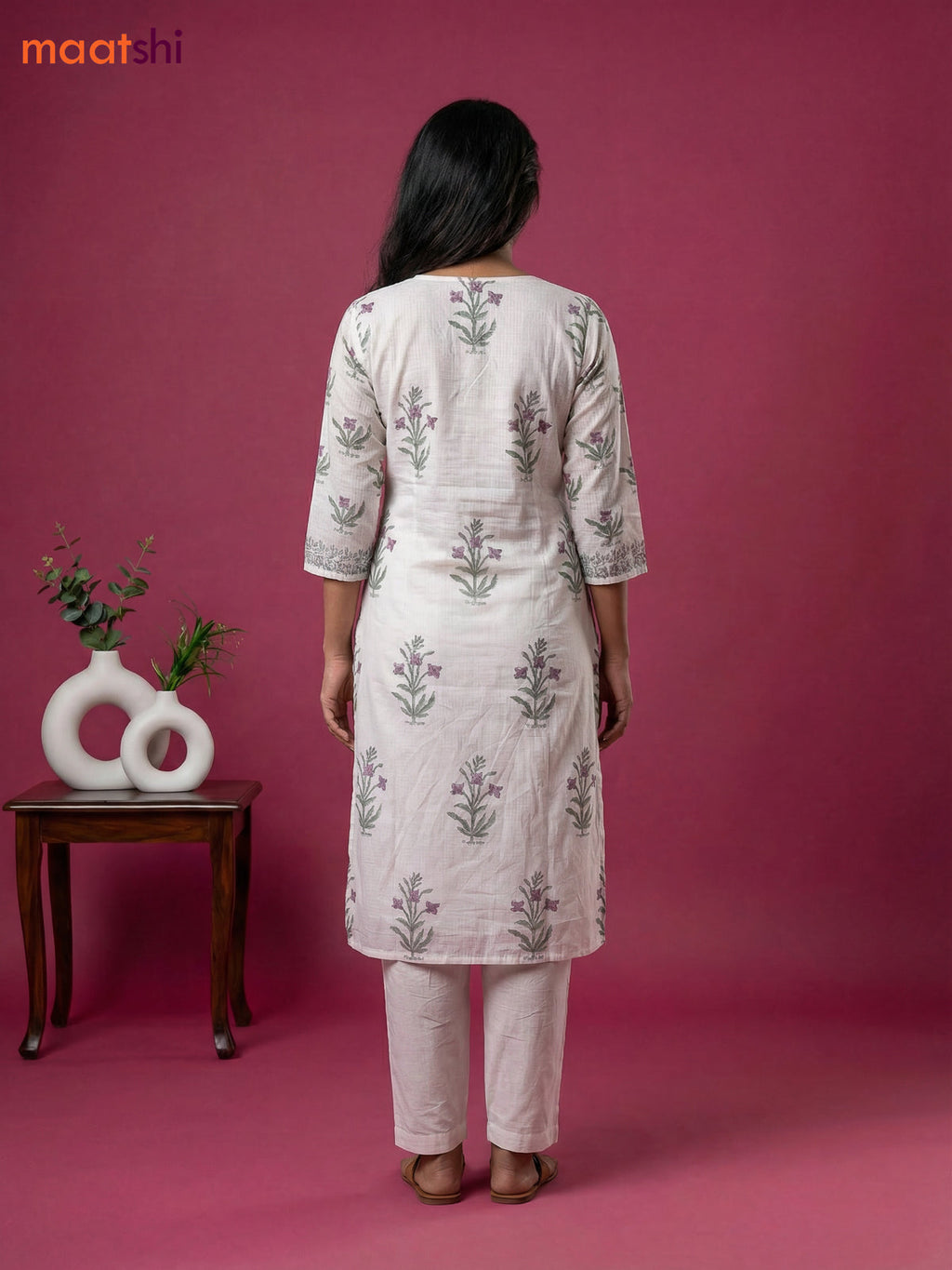 Cream Kota Printed & Simple Embroidery Work Straight Suit