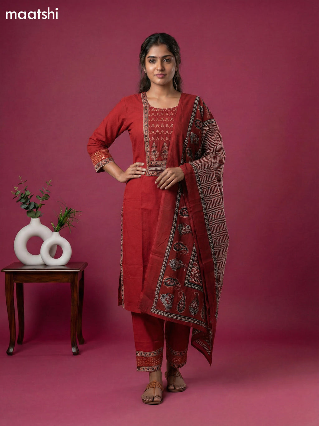 Rustic Maroon and Black Cotton Patch Work Neck Pattern Straight Suit