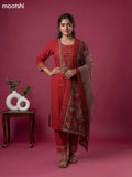 Rustic Maroon and Black Cotton Patch Work Neck Pattern Straight Suit