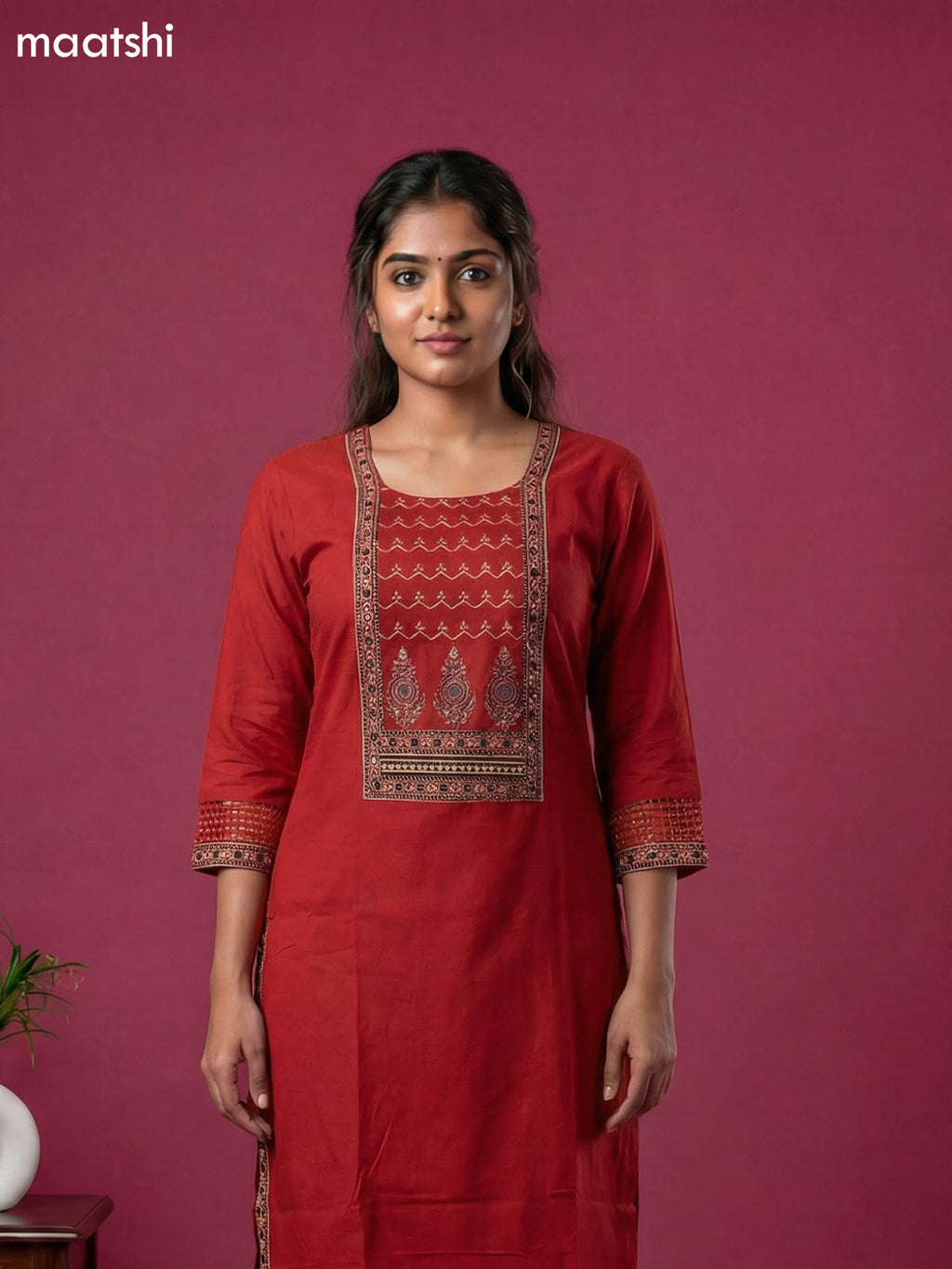 Rustic Maroon and Black Cotton Patch Work Neck Pattern Straight Suit