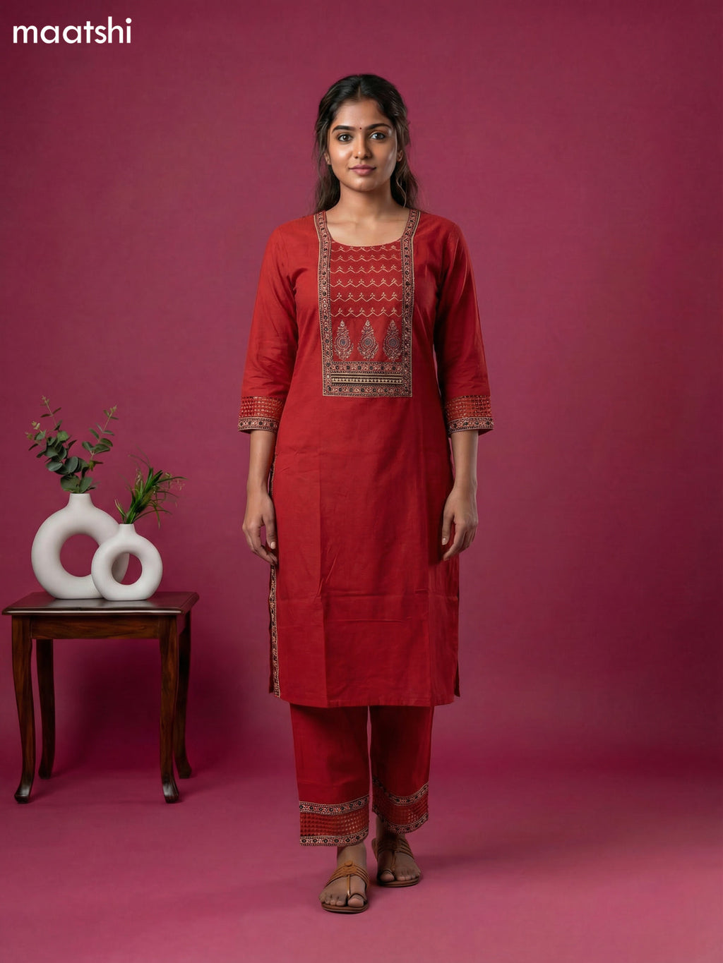 Rustic Maroon and Black Cotton Patch Work Neck Pattern Straight Suit