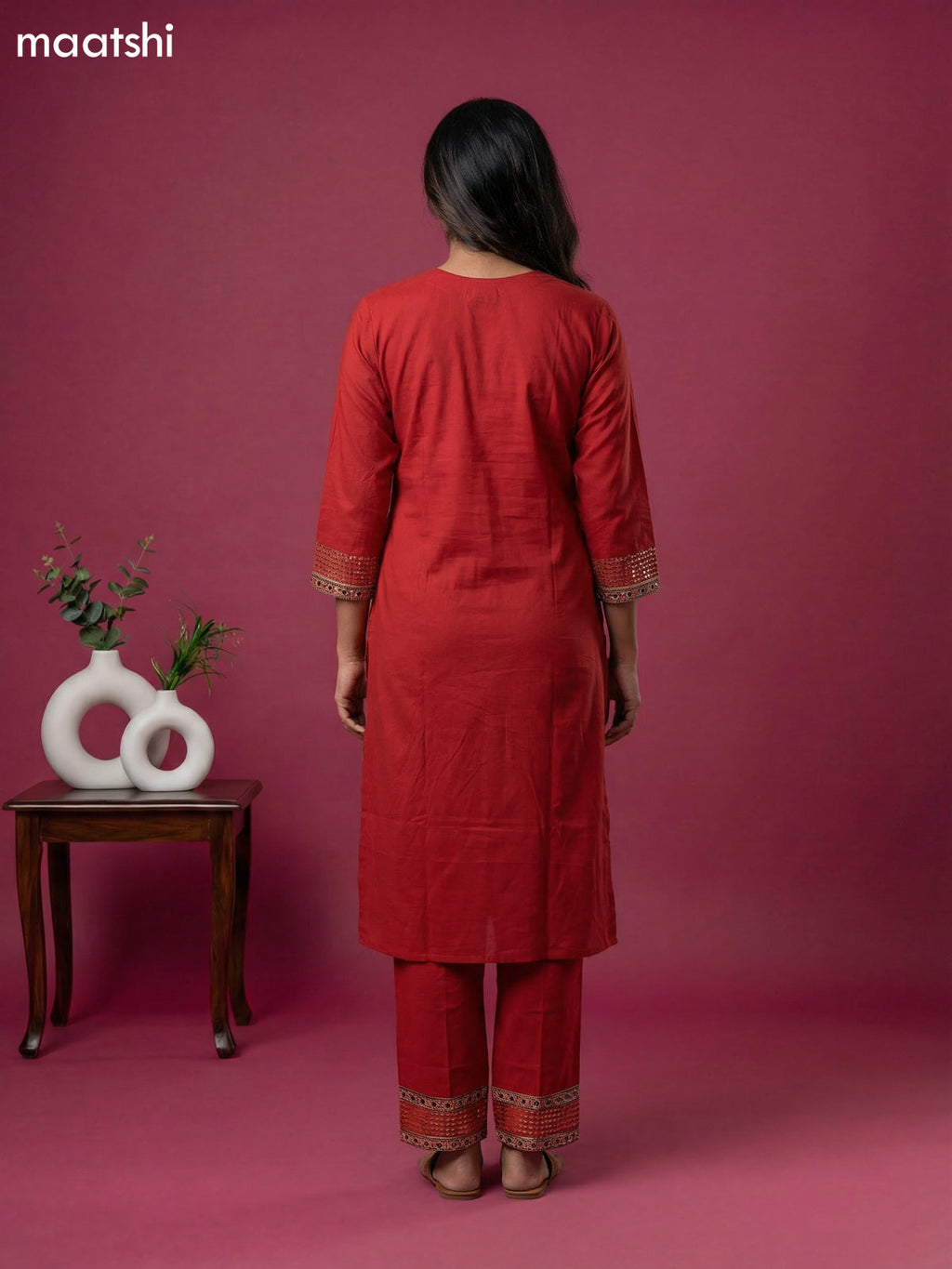 Rustic Maroon and Black Cotton Patch Work Neck Pattern Straight Suit