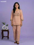 Mild Peach Cotton Embroidery Work Short Kurti Set