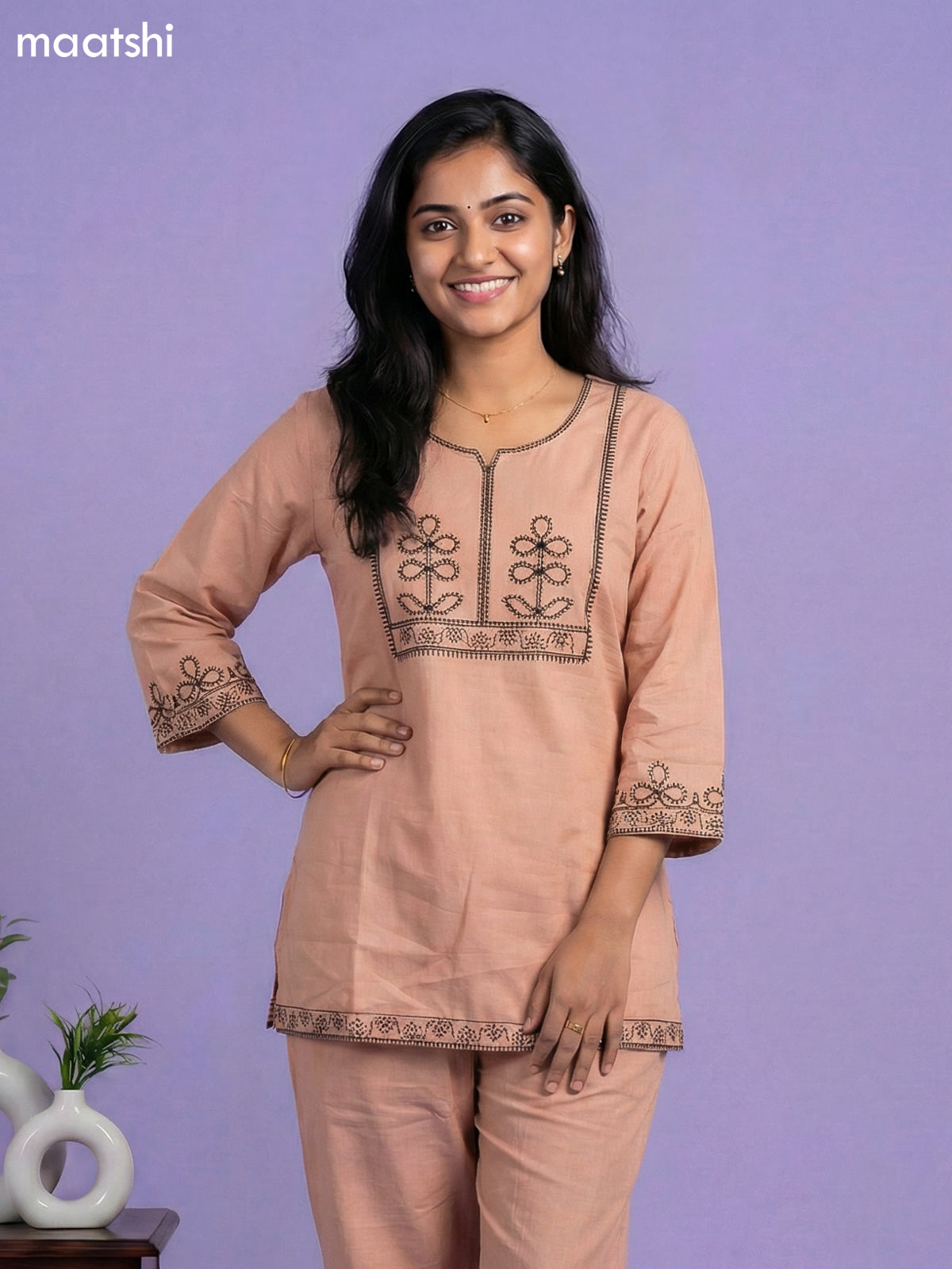 Mild Peach Cotton Embroidery Work Short Kurti Set