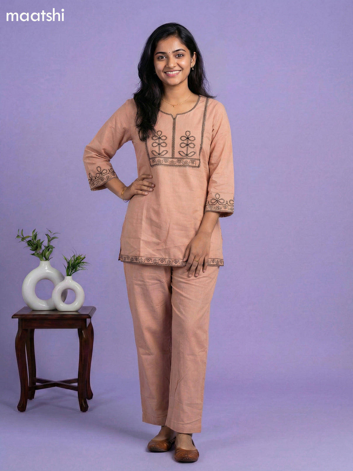 Mild Peach Cotton Embroidery Work Short Kurti Set