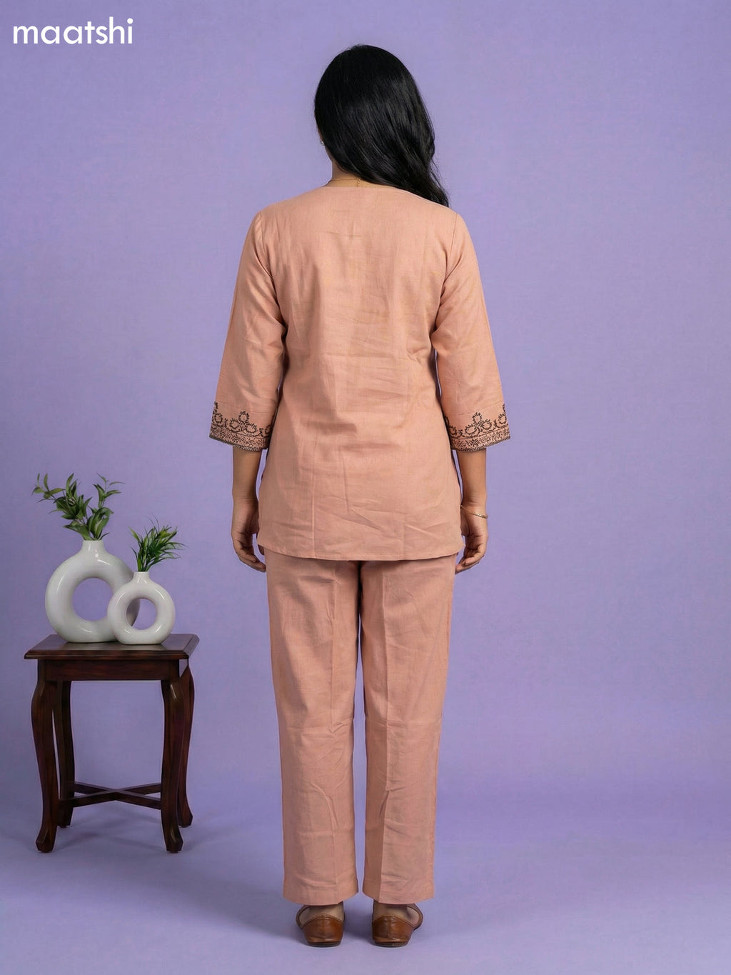 Mild Peach Cotton Embroidery Work Short Kurti Set