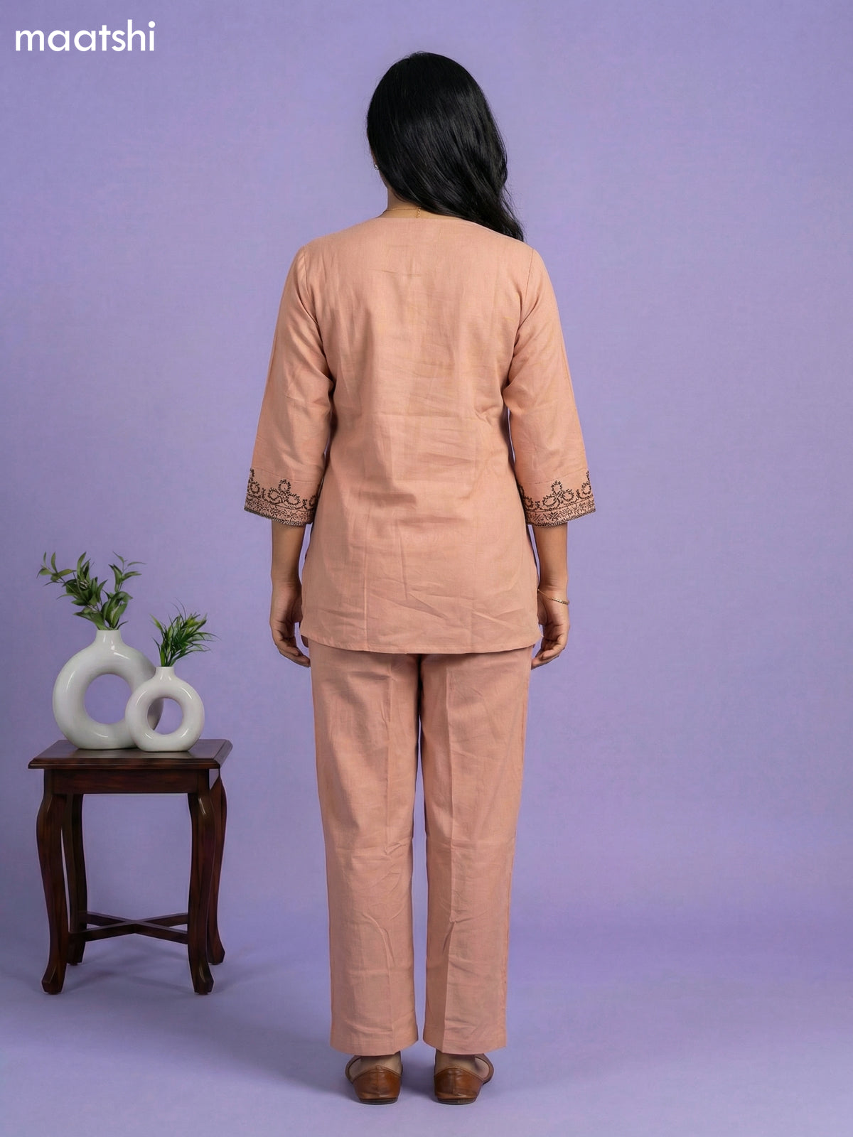 Mild Peach Cotton Embroidery Work Short Kurti Set