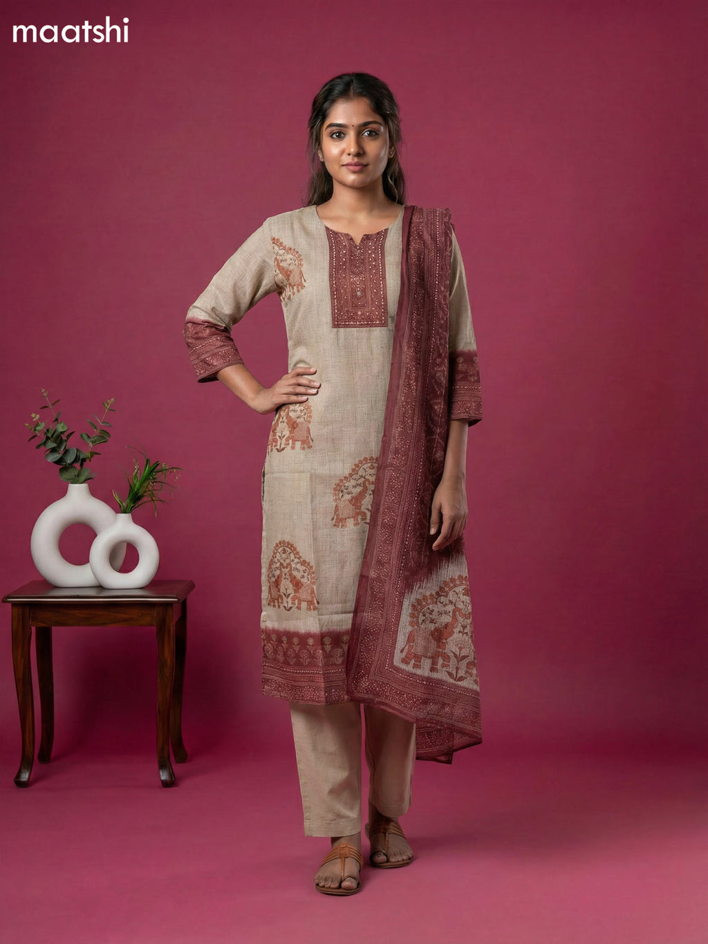 Beige and Maroon Kota Printed & Simple Embroidery Work Straight Suit