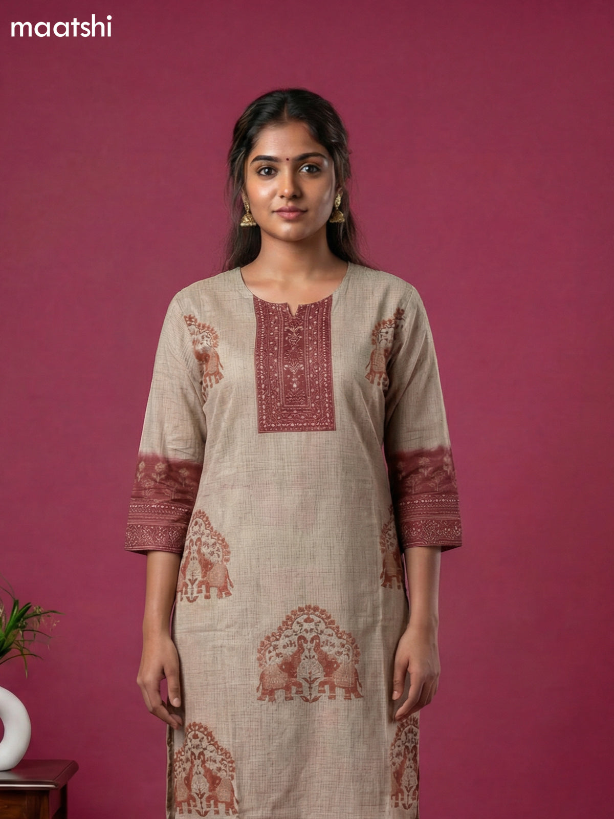 Beige and Maroon Kota Printed & Simple Embroidery Work Straight Suit