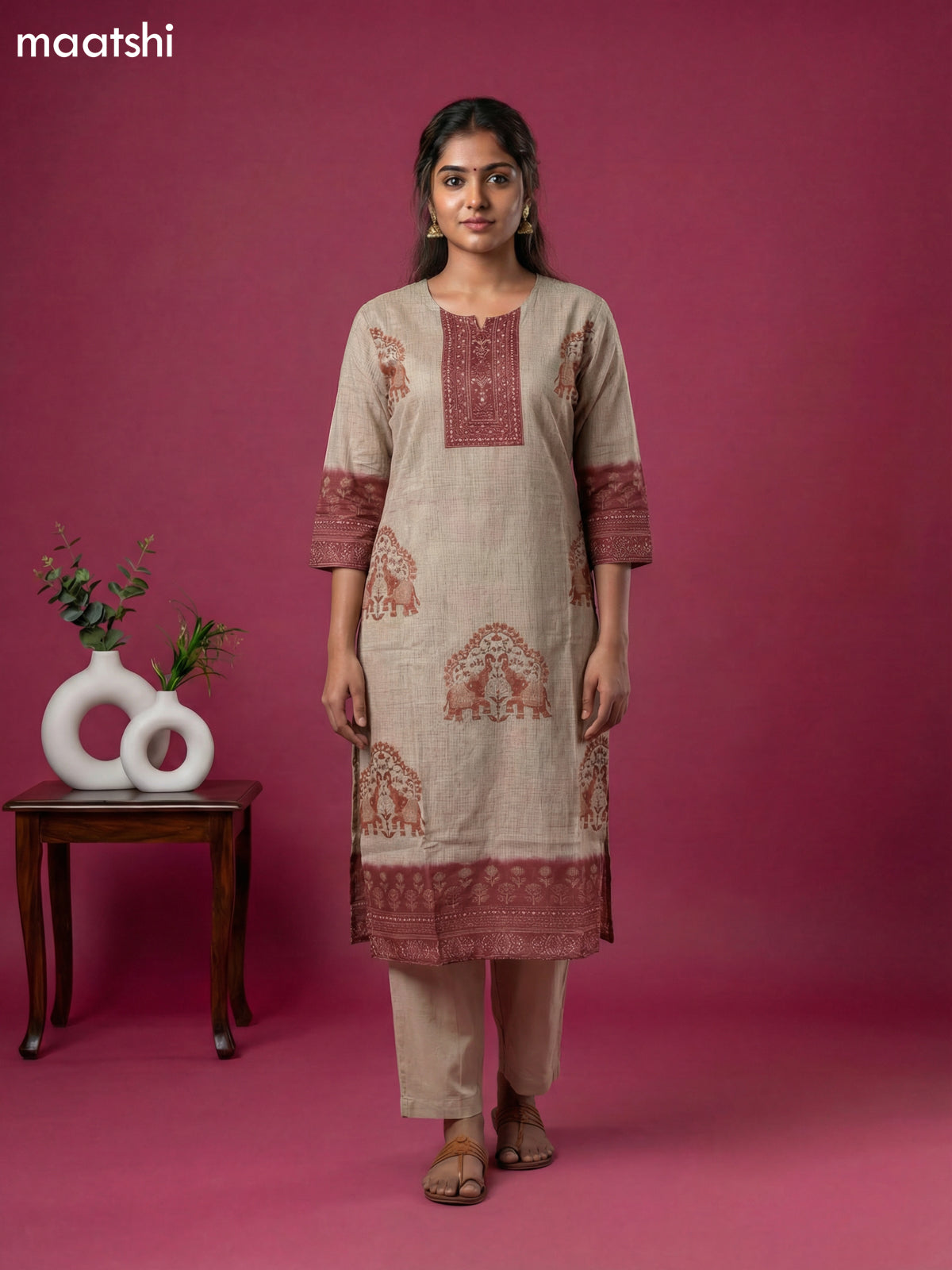 Beige and Maroon Kota Printed & Simple Embroidery Work Straight Suit