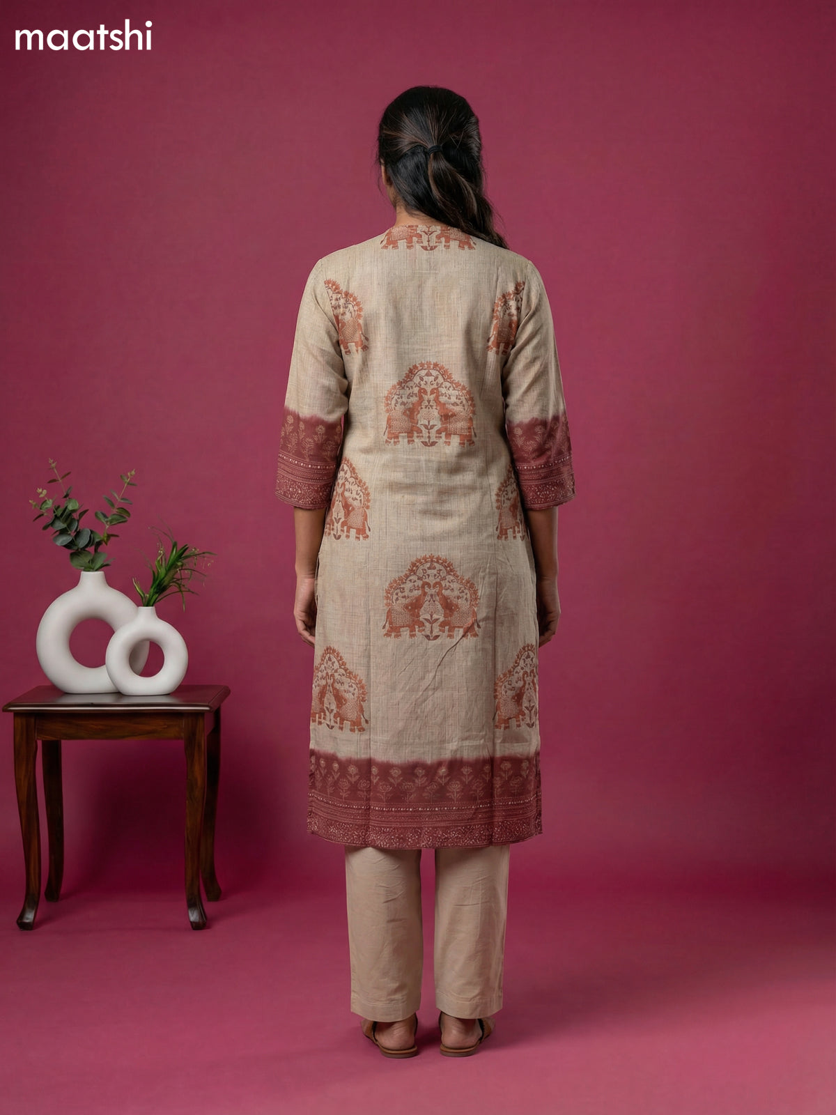 Beige and Maroon Kota Printed & Simple Embroidery Work Straight Suit