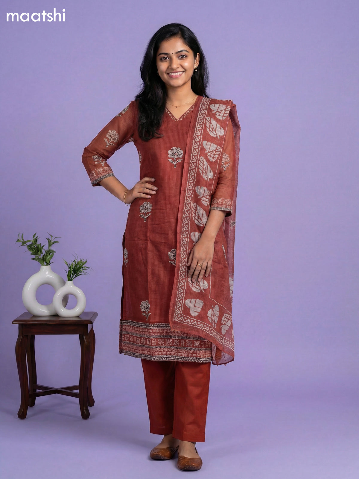 Brown Kota Printed & Simple Embroidery Work Straight Suit