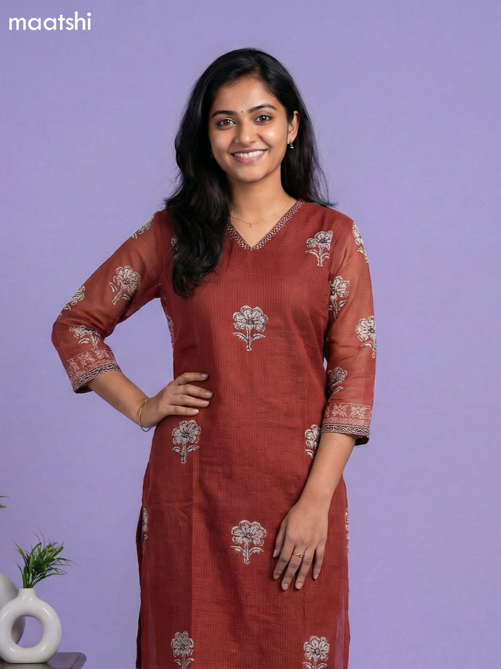 Brown Kota Printed & Simple Embroidery Work Straight Suit