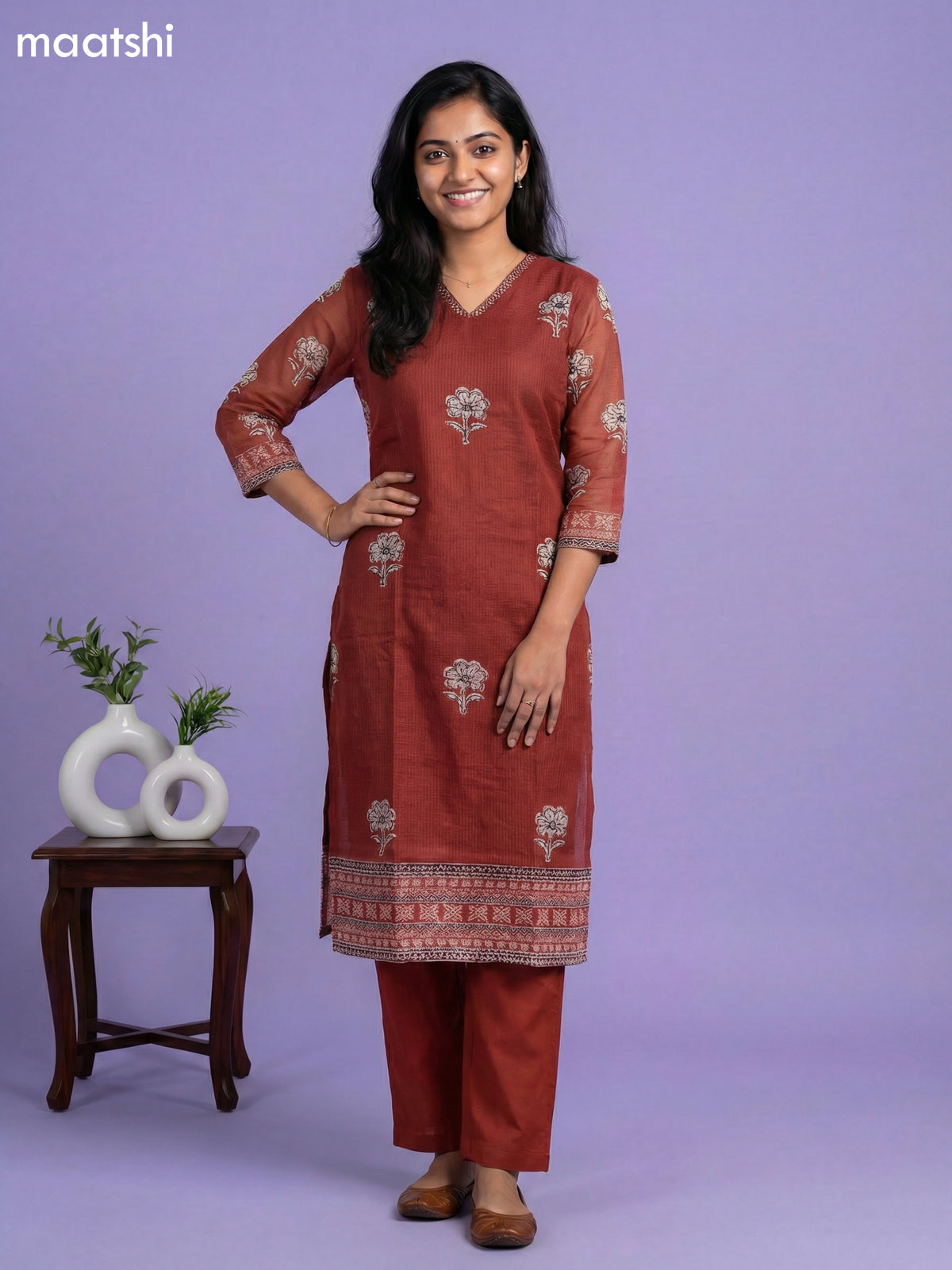 Brown Kota Printed & Simple Embroidery Work Straight Suit