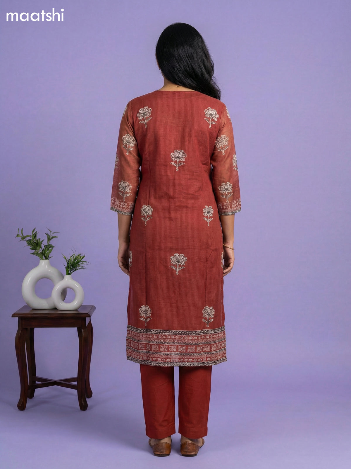 Brown Kota Printed & Simple Embroidery Work Straight Suit