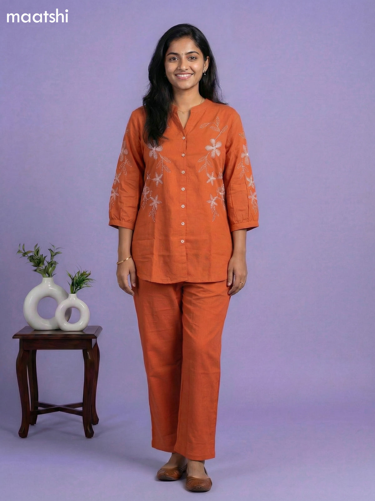 Rust Cotton Embroidery Work Co-Ord Set