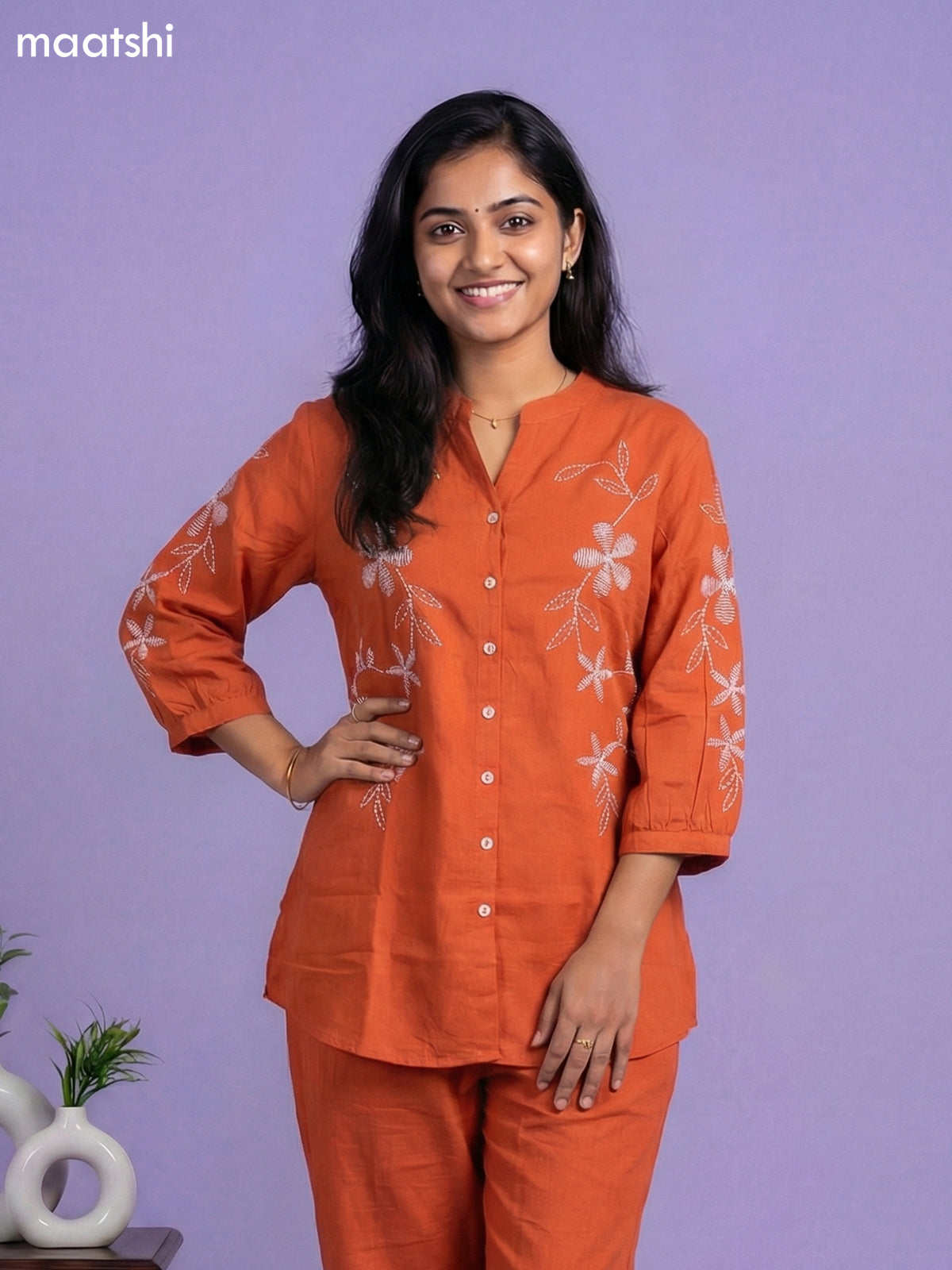Rust Cotton Embroidery Work Co-Ord Set