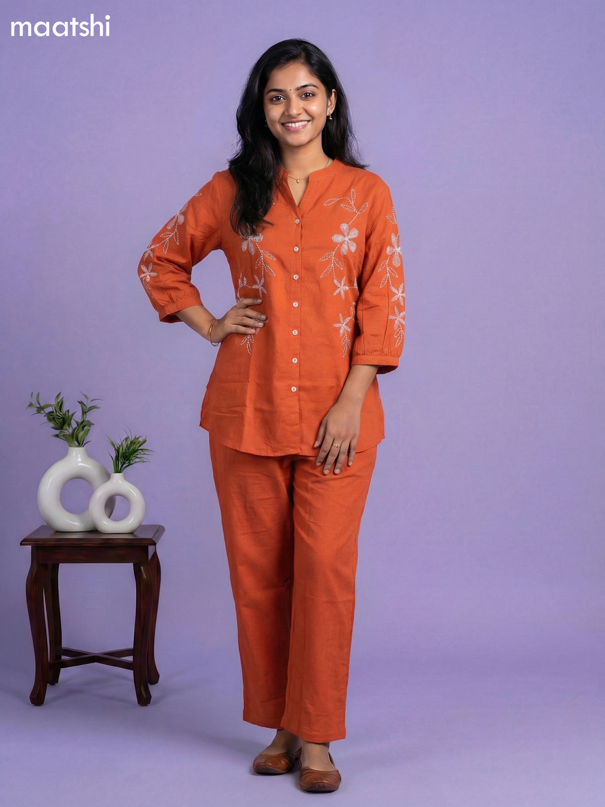 Rust Cotton Embroidery Work Co-Ord Set